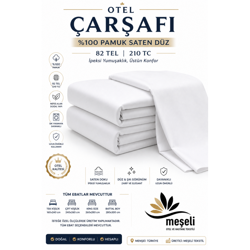 82 Tel Otel Çarşafı Pamuk Saten Düz
