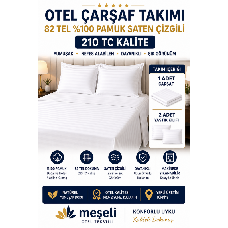 Çift Kişilik Otel Çarşaf Takımı 82 Tel Pamuk Saten Çizgili 210 Tc