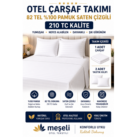 Çift Kişilik Otel Çarşaf Takımı 82 Tel Pamuk Saten Çizgili 210 Tc