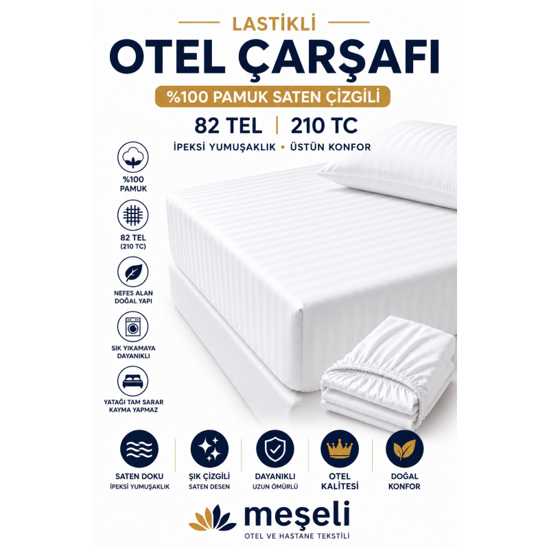 5'li Lastikli Otel Çarşafı 82 Tel %100 Pamuk Saten Çizgili 210 Tc