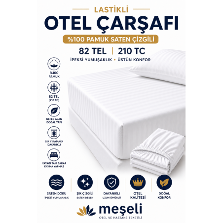 5'li Lastikli Otel Çarşafı 82 Tel %100 Pamuk Saten Çizgili 210 Tc