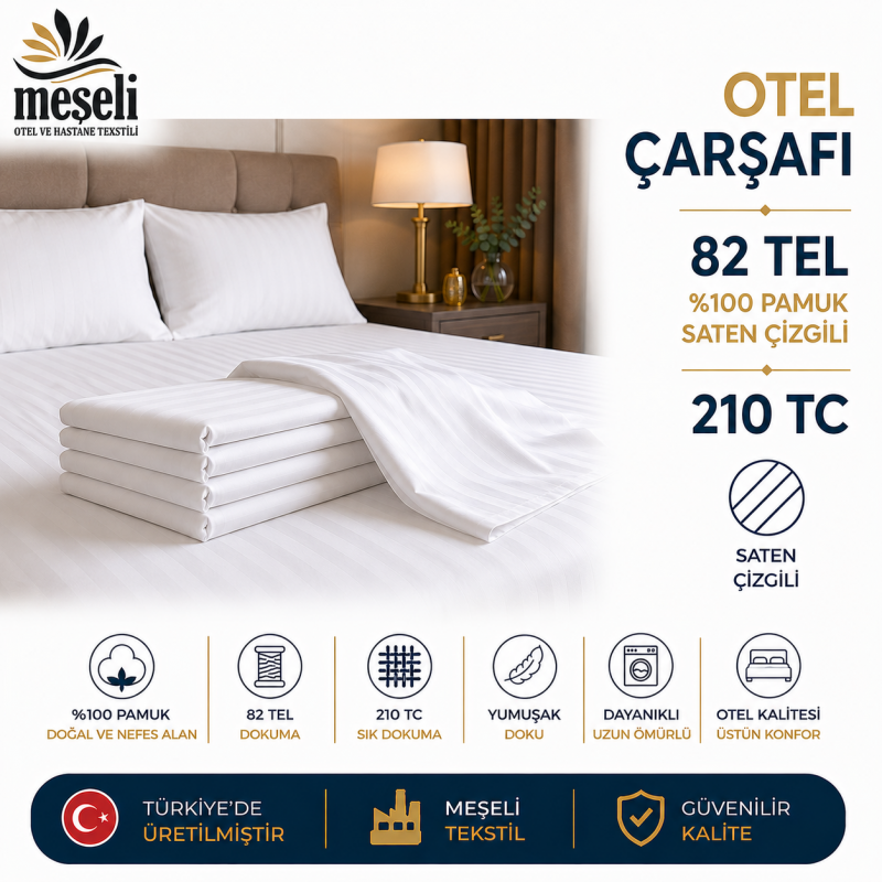 5 Adet 82 Tel %100 Pamuk Saten Çizgili Otel Çarşafı