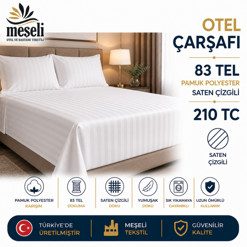 210 TC Striped Sateen Hotel Flat Sheet Cotton Polyester Blend