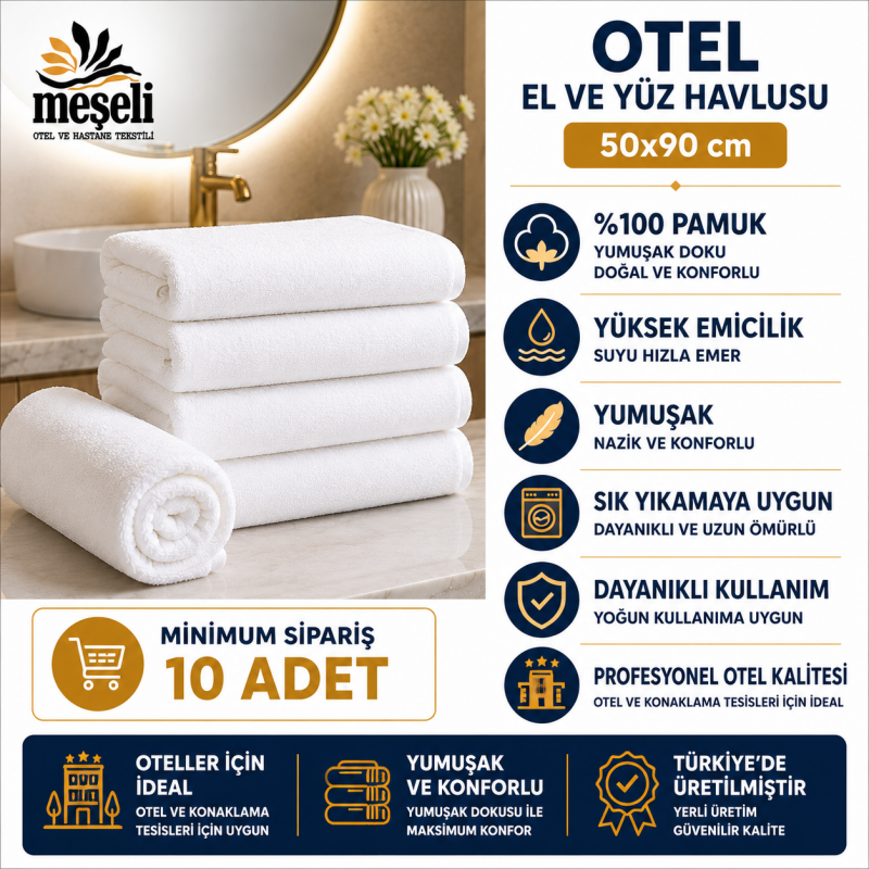 10'lu Otel El Yüz Havlusu 50x90 cm %100 Pamuk
