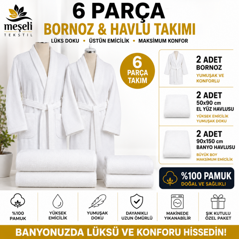 6 Parça Beyaz Bukle Bornoz Takımı %100 Pamuk