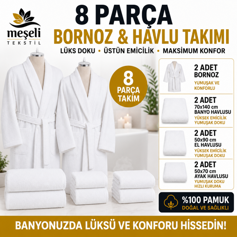 8 Parça %100 Pamuk Bornoz & Havlu Takımı