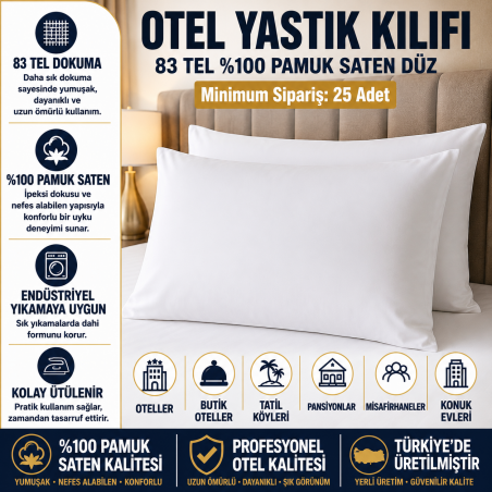 25'li Otel Yastık Kılıfı 83 Tel %100 Pamuk Saten Düz 210 Tc - Pillowcase