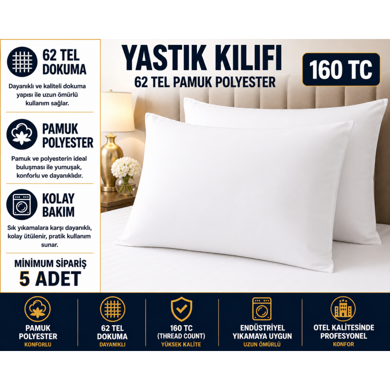 5 Adet 62 Tel Pamuk Polyester Otel Yastık Kılıfı
