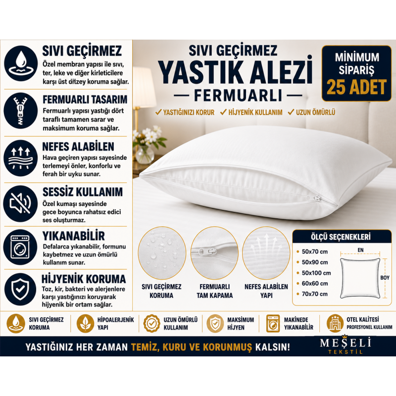 25'li Yastık Alezi Sıvı Geçirmez  Fermuarlı